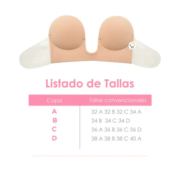 Sujetador invisible adhesivo de silicona con guía de tallas: A, B, C y D.