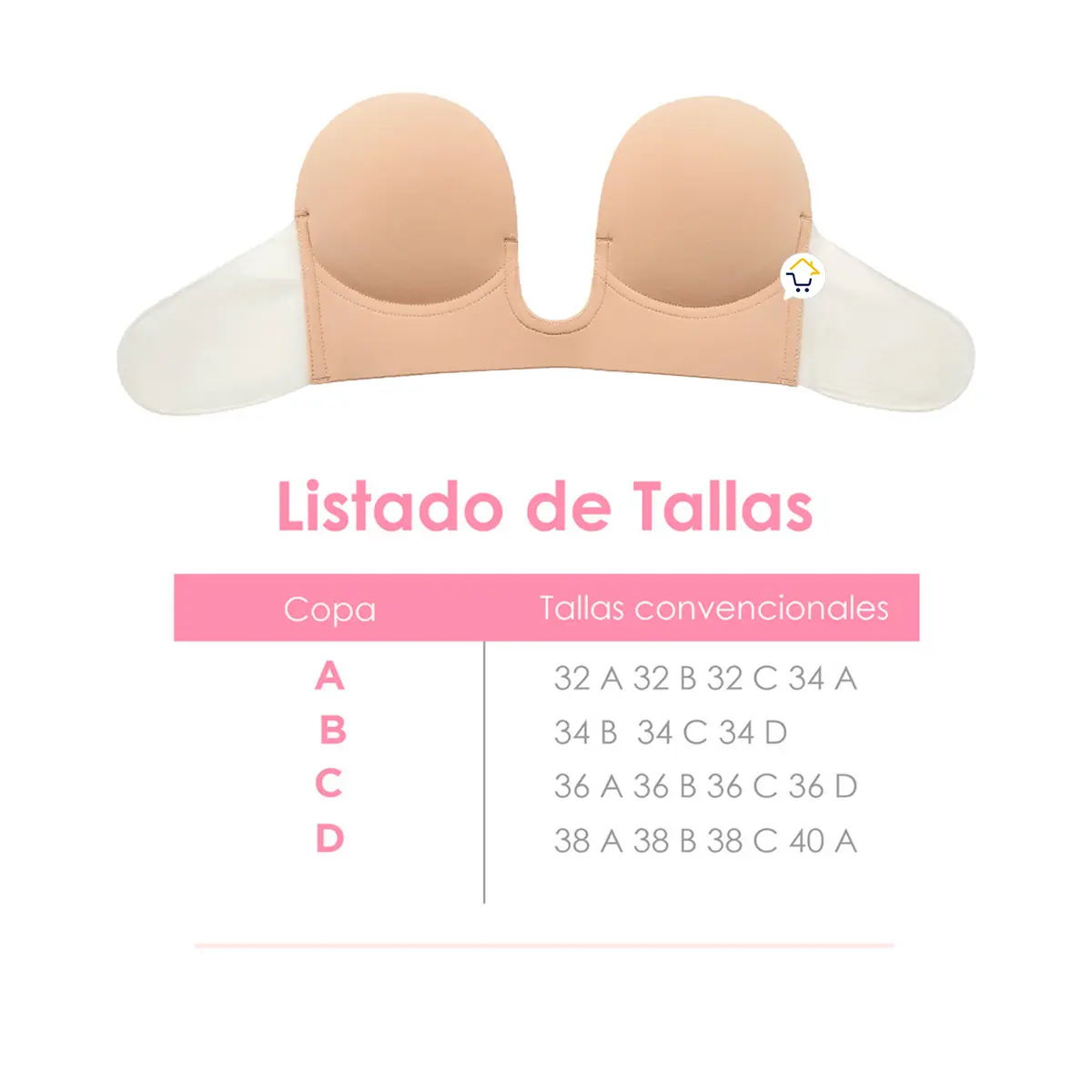 Sujetador invisible adhesivo de silicona con guía de tallas: A, B, C y D.