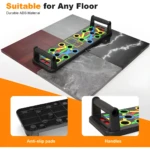 Tabla de empuje portátil multifunción plegable en varias texturas de suelo, con almohadillas antideslizantes y asas.