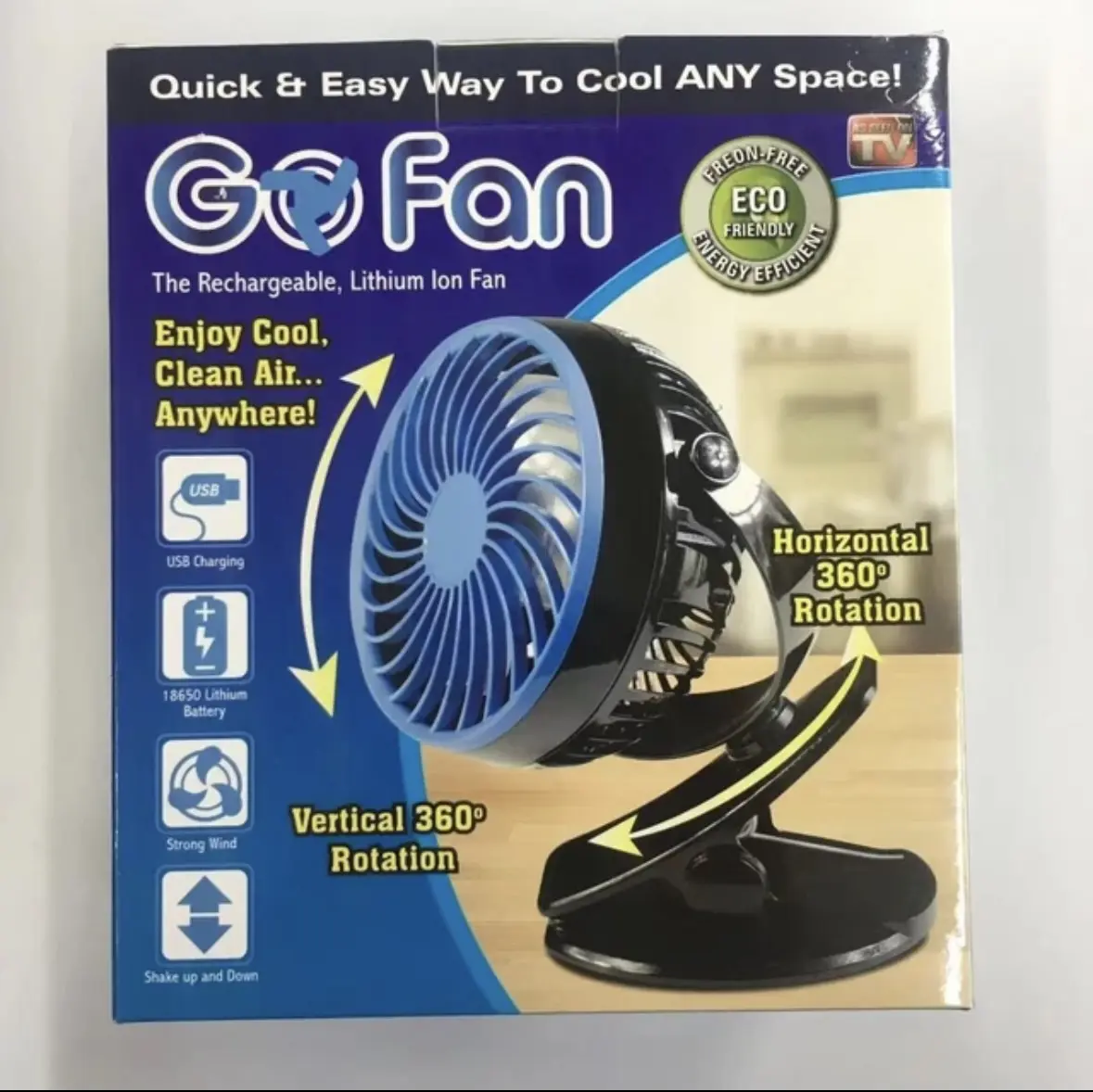 Ventilador portátil Go Fan con clip para carro, 12V USB, recargable, rotación 360°
