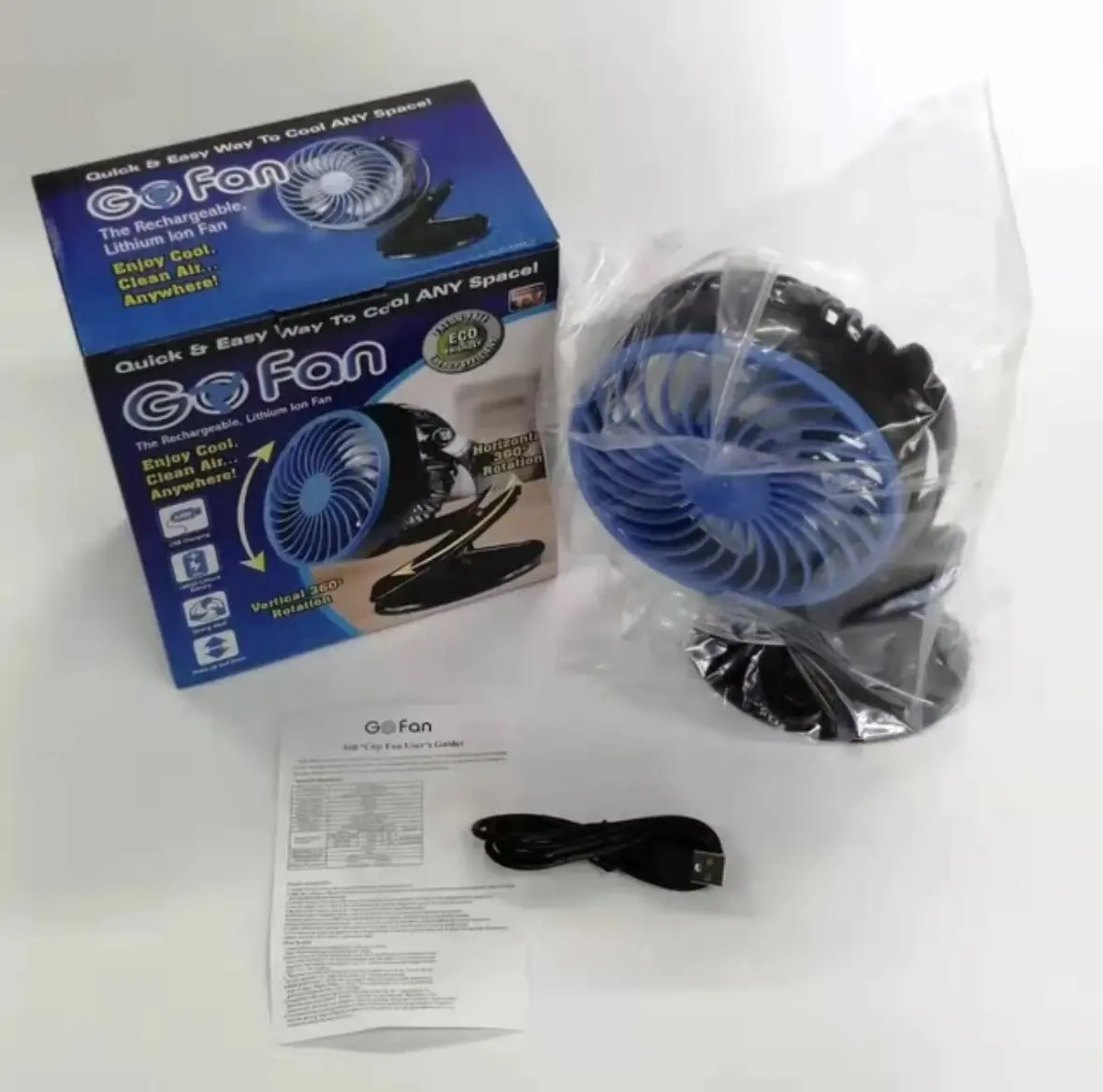 Ventilador portátil Go Fan con clip, recargable por USB, ideal para carro y uso en cualquier espacio.