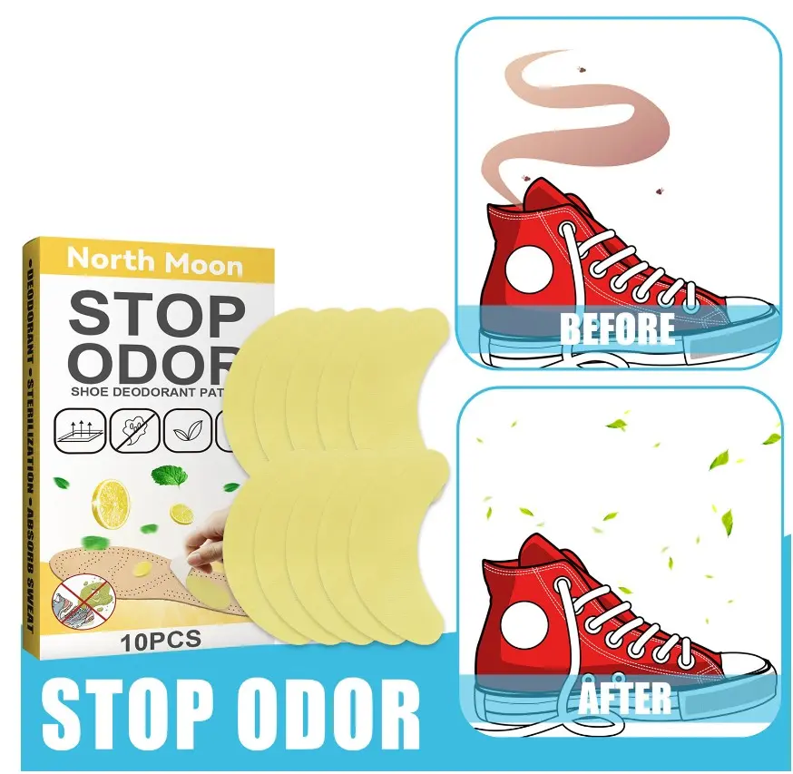 Parches desodorantes para zapatos: antes y después de usar North Moon Stop Odor.
