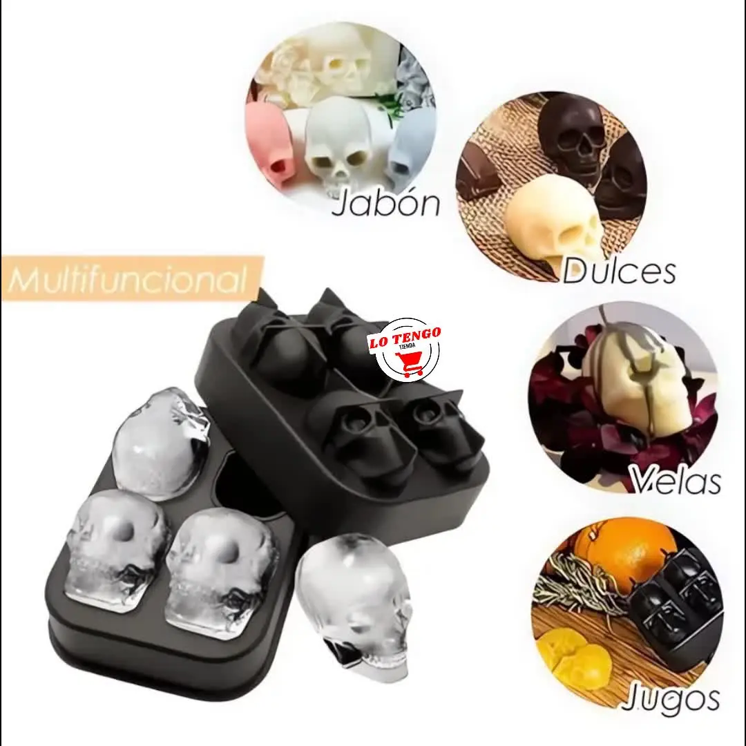 Molde para hielos en forma de calavera, ideal para crear dulces, jabones o velas temáticas.