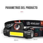 Linterna minera frontal recargable USB, luz LED potente, ajustable, 80x35x30mm.