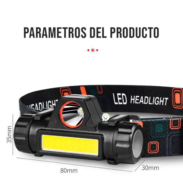 Linterna minera frontal recargable USB, luz LED potente, ajustable, 80x35x30mm.