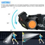 Linterna minera recargable con ajuste de ángulo de luz LED y correa. Ideal para running.