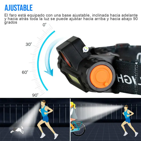 Linterna minera recargable con ajuste de ángulo de luz LED y correa. Ideal para running.