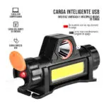 Linterna minera recargable USB con LED, carga inteligente e interfaz unificada.