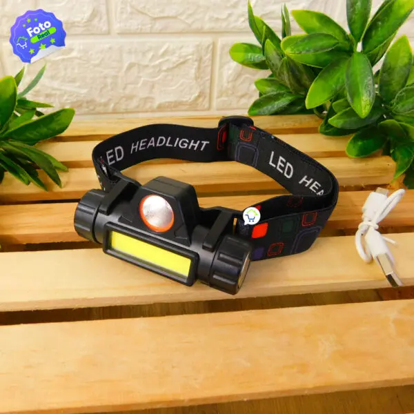 Linterna minera recargable USB con luz LED brillante y correa ajustable, ideal para actividades nocturnas.