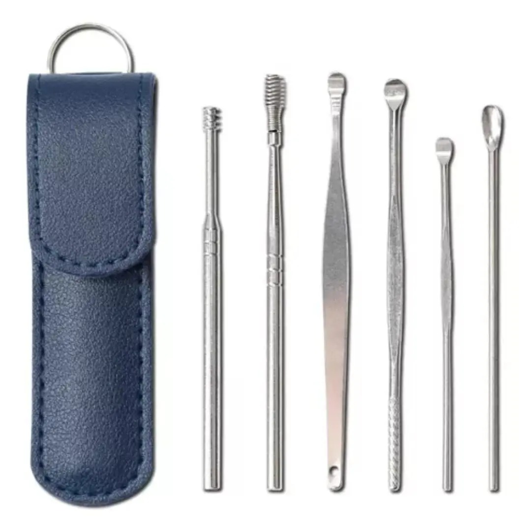 Kit de limpieza de oídos con 6 piezas metálicas y estuche azul de cuero.