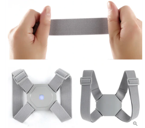 Corrector de postura ajustable con sensor gris: correas elásticas, cierre, diseño ergonómico.