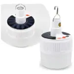 Bombillo LED solar recargable para camping y emergencias, con gancho y panel solar.