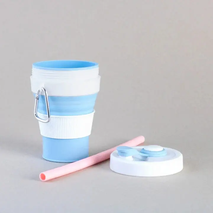 Set x2 Taza Para Café En Silicona Plegable Azul y Blanco con Tapa y Pitillo Rosa