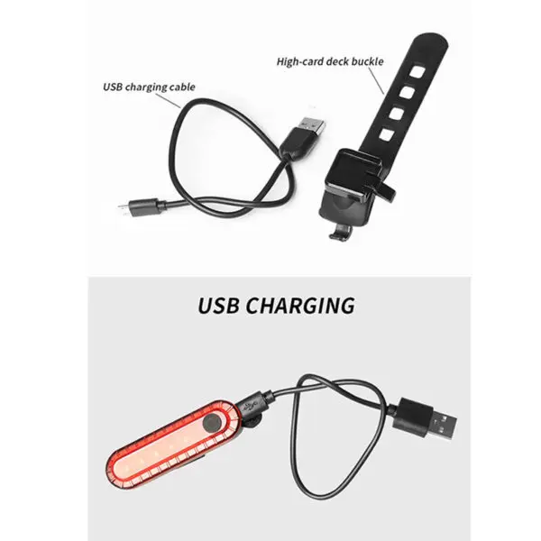 Luz LED de bicicleta impermeable con cable de carga USB y hebilla de sujeción.