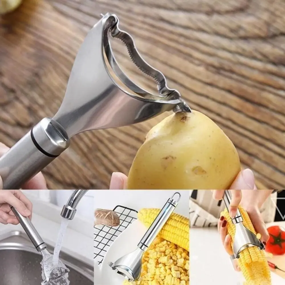 Pelador desgranador de maíz y papas en acero inoxidable, herramienta de cocina multifuncional.