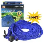 Manguera expandible Magic Hose de 30m (100ft) con pistola rociadora azul y empaque.
