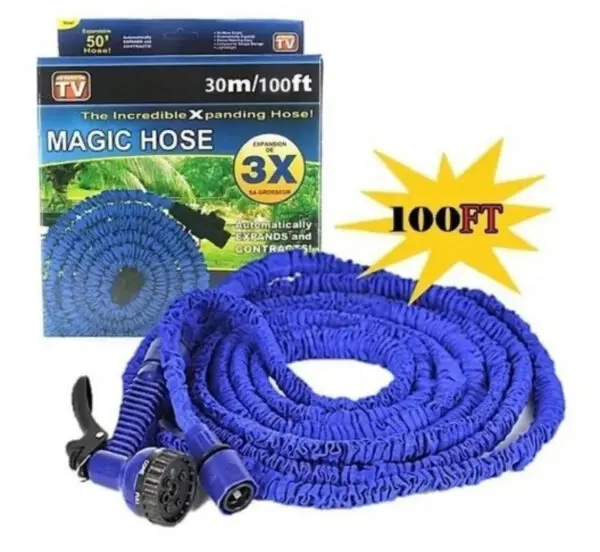 Manguera expandible Magic Hose de 30m (100ft) con pistola rociadora azul y empaque.