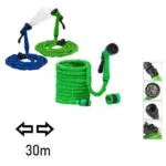 Manguera expandible 30m azul y verde con pistola de riego, ideal para jardín.