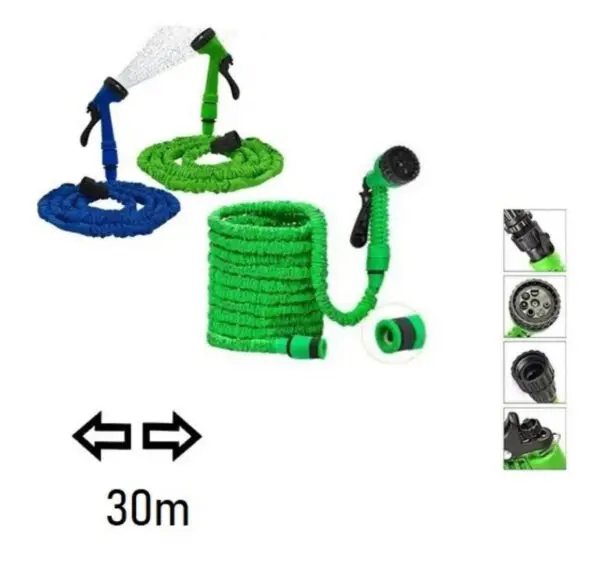Manguera expandible 30m azul y verde con pistola de riego, ideal para jardín.