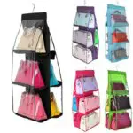Colgador de bolsos colgante de 6 compartimentos en diferentes colores con bolsos exhibidos.