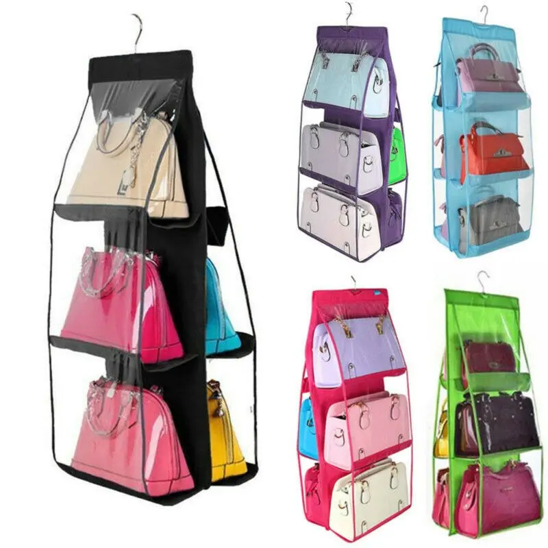 Colgador de bolsos colgante de 6 compartimentos en diferentes colores con bolsos exhibidos.