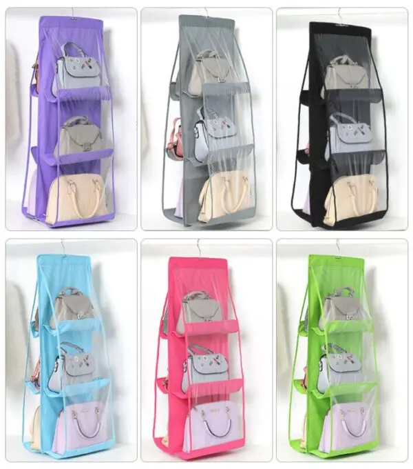 Porta bolsos colgante de 6 compartimentos en diversos colores con diferentes modelos de bolsos organizados.
