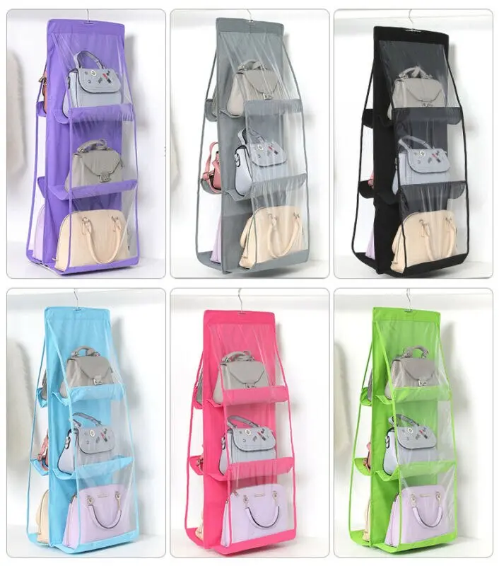 Porta bolsos colgante de 6 compartimentos en diversos colores con diferentes modelos de bolsos organizados.