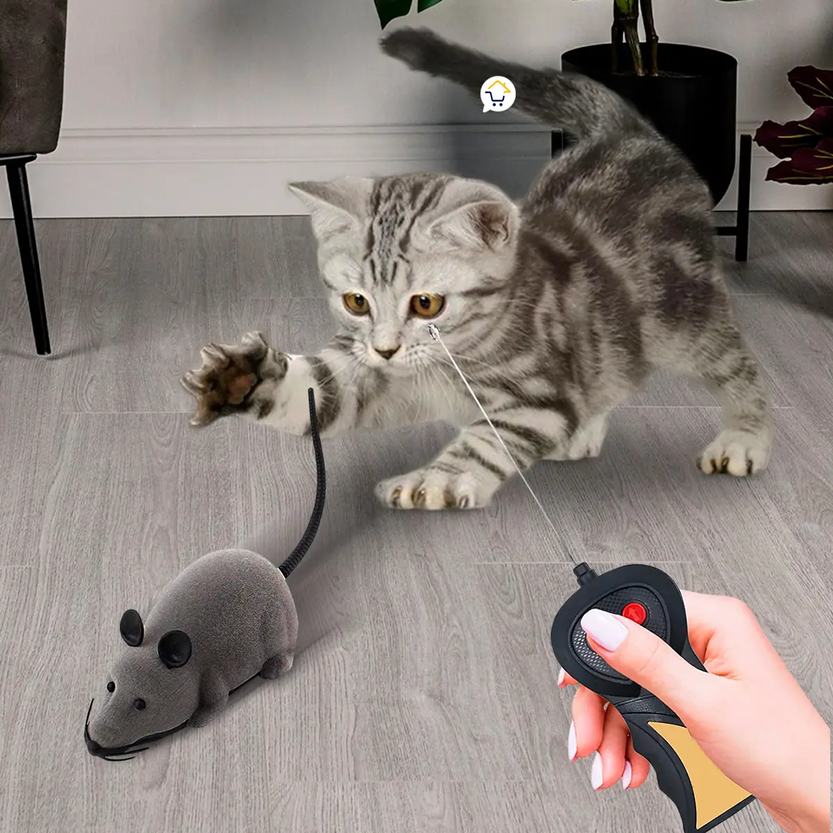 Gato juguetón persigue ratón a control remoto, interactividad y diversión felina.