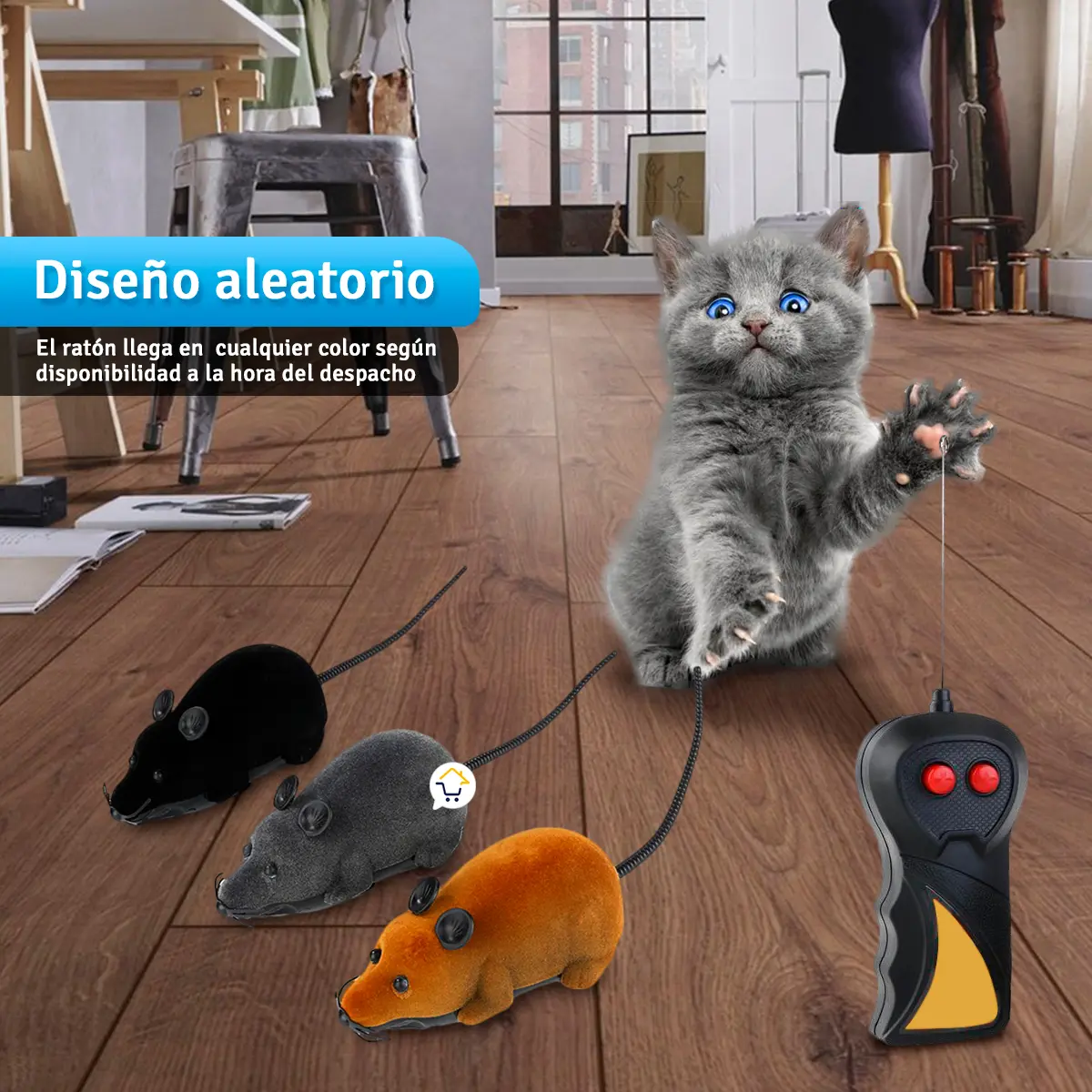 Set x2 ratones de juguete a control remoto para gatos, con un gatito gris jugando.