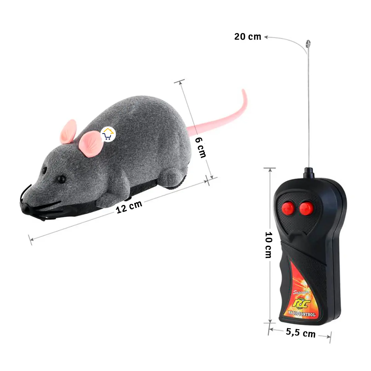 Ratón de juguete gris a control remoto para gatos, con control remoto negro y cable de 20 cm.