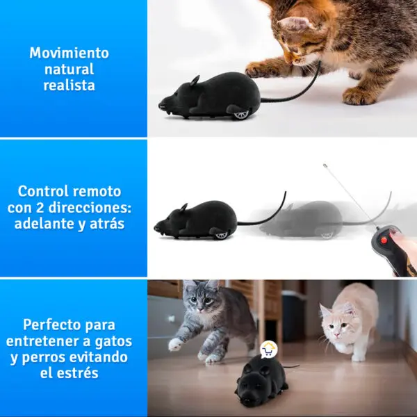 Set de 2 ratones de juguete con control remoto para gatos: movimiento natural y control fácil.