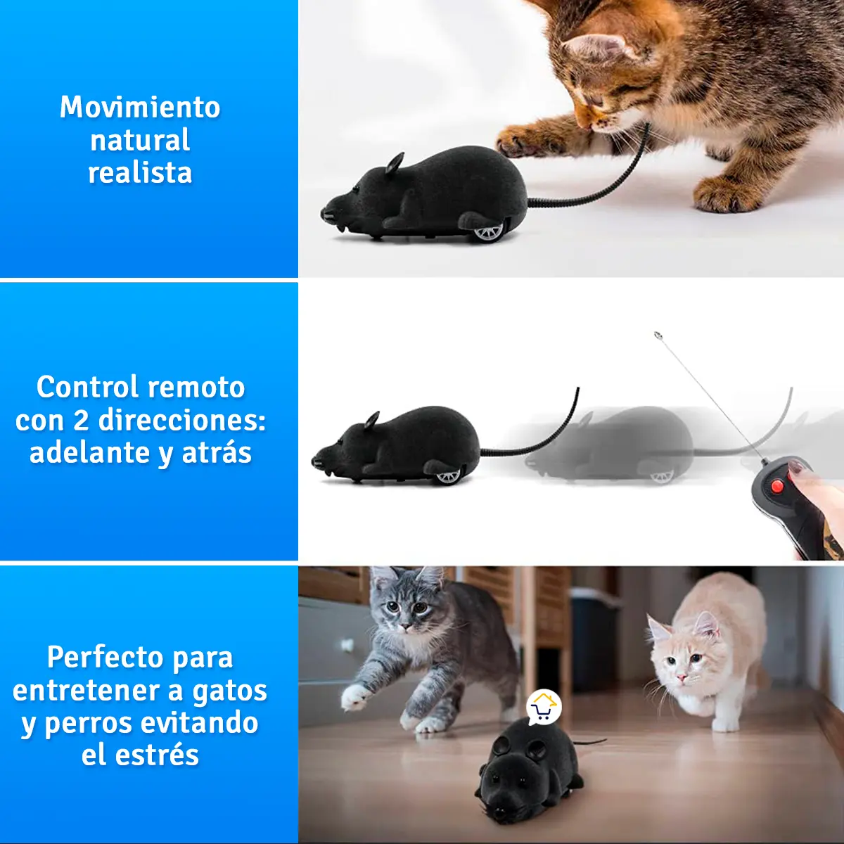 Set de 2 ratones de juguete con control remoto para gatos: movimiento natural y control fácil.
