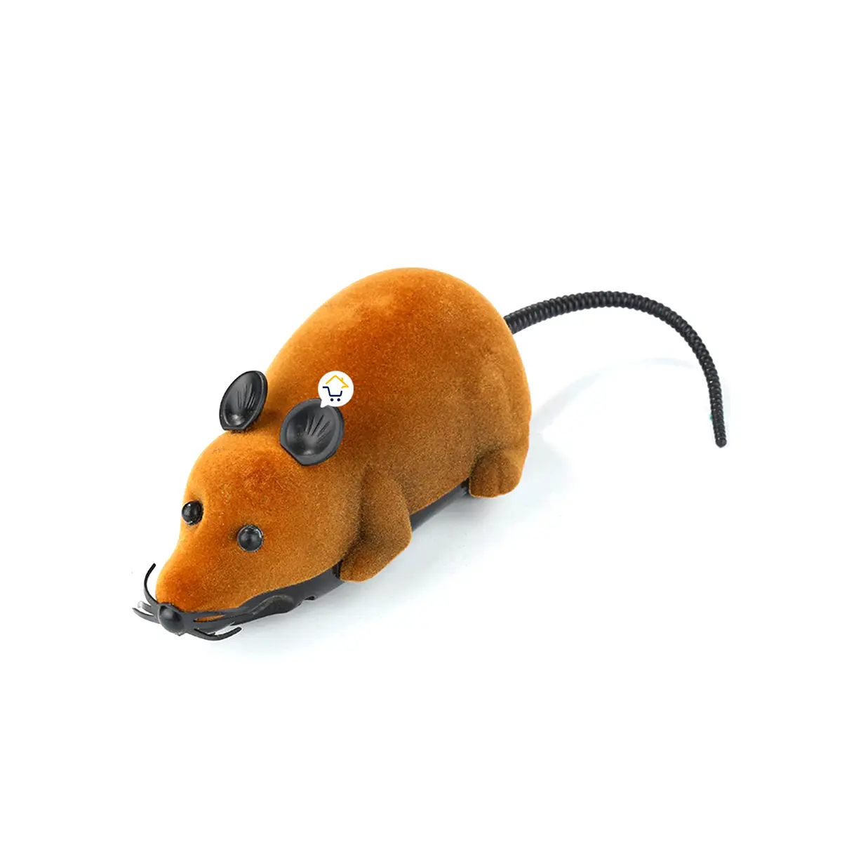 Ratón de peluche marrón a control remoto para gatos, juguete interactivo con cola negra.