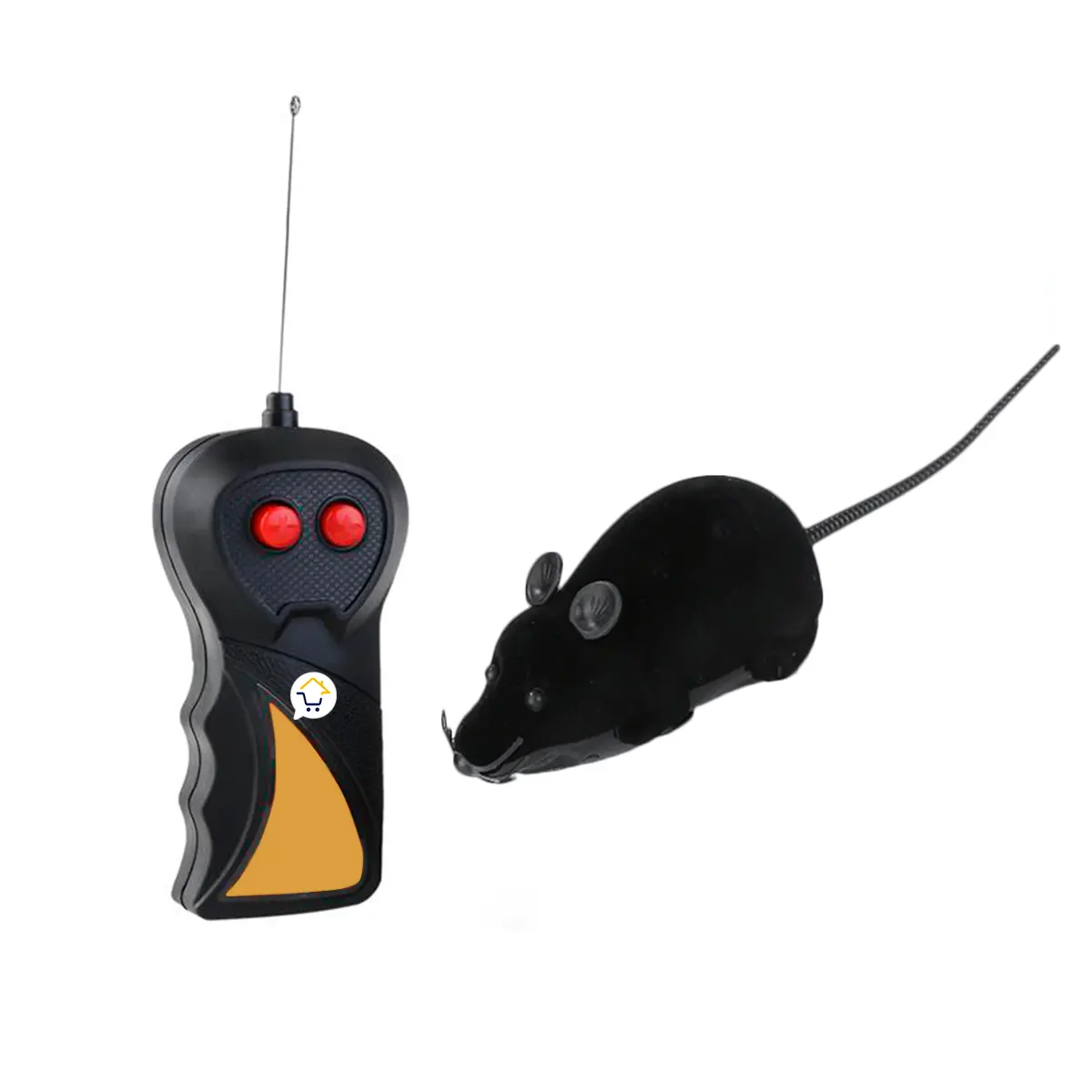 Ratón negro de peluche con control remoto, ideal para gatos, con dos botones rojos.