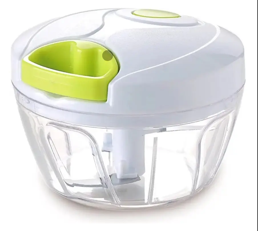 Picador de alimentos manual con tapa blanca y verde, cuerpo transparente y cuchillas.