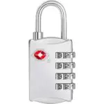 Candado plateado Travel Sentry con 4 diales numéricos y símbolo TSA en maleta o bolso.