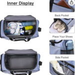 Bolso grande de viaje azul con compartimentos interiores y exteriores.