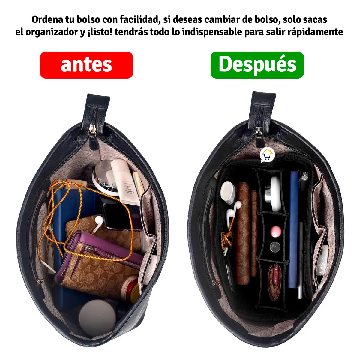 Organizador de bolso para dama, mantiene todo en su lugar para un cambio rápido.