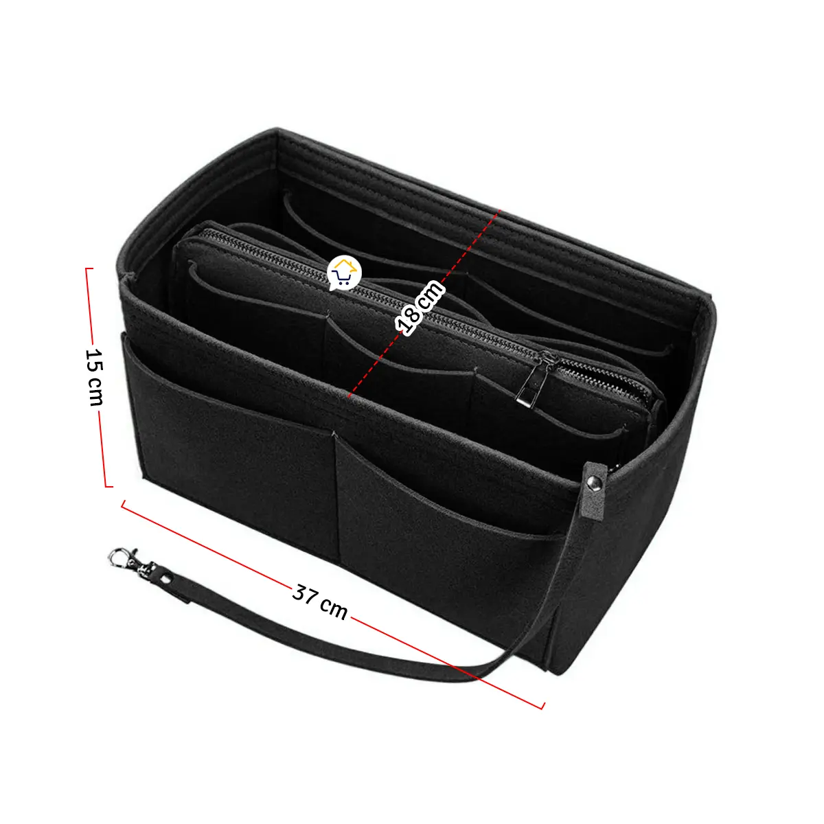 Organizador de bolso negro para dama, dimensiones 37x18x15 cm, mejora el orden interior.