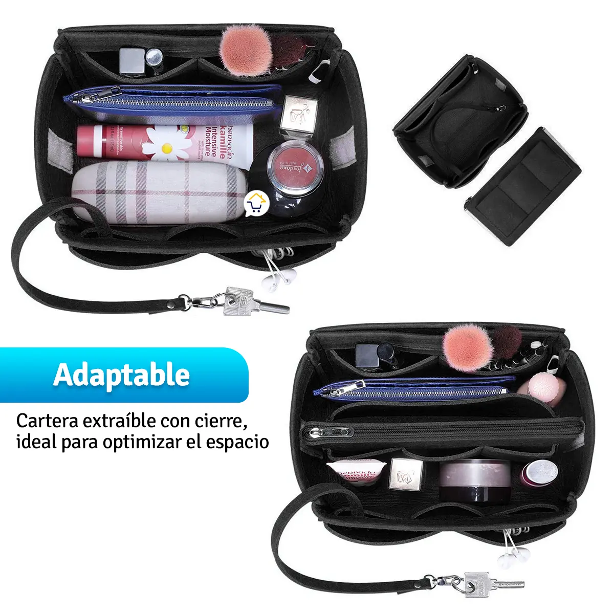 Organizador de bolso de dama negro, versátil y funcional para optimizar el espacio.