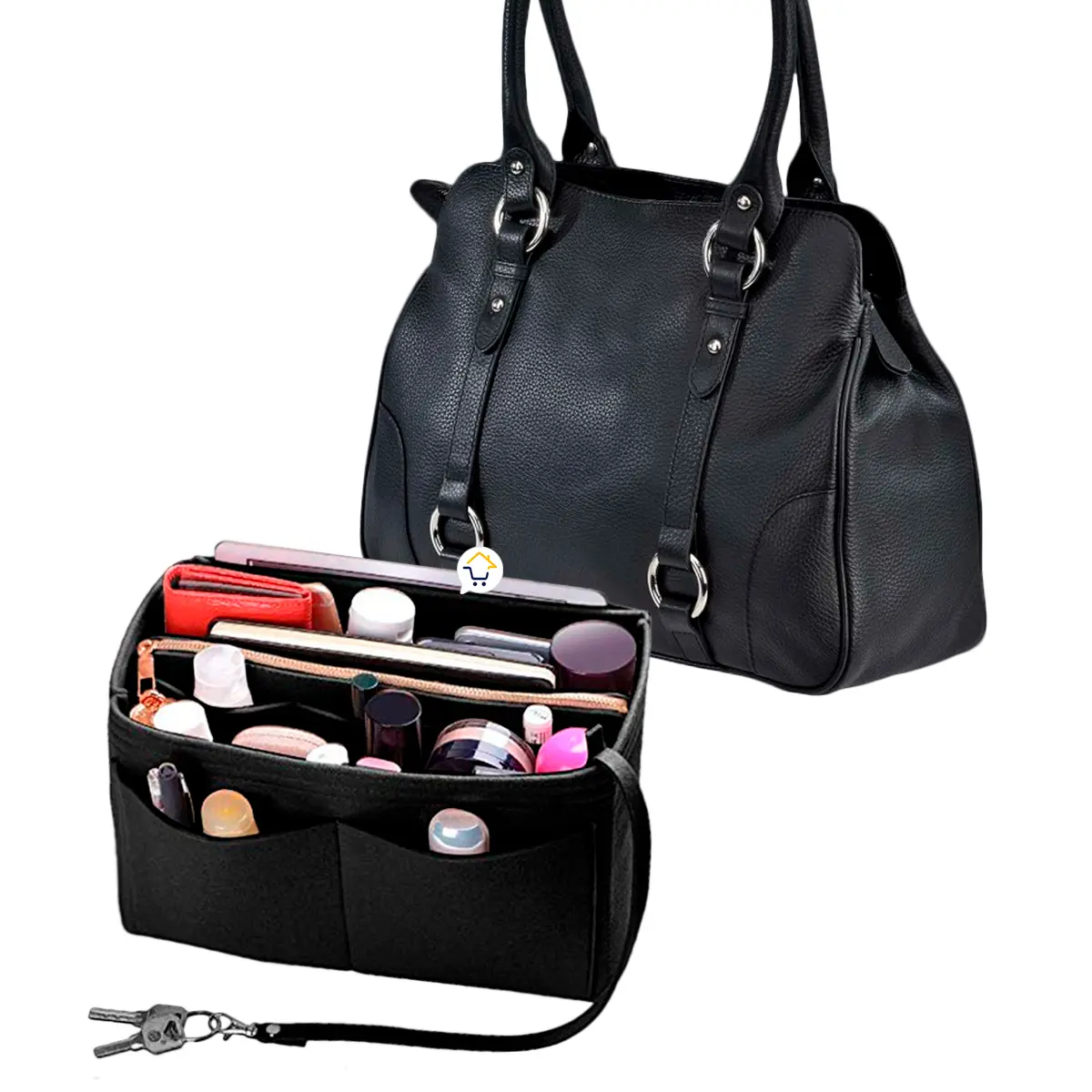Organizador de bolso negro para dama, con compartimentos y accesorios, ideal para organizar tu cartera.