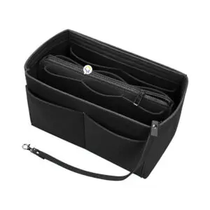 Organizador negro de fieltro para bolso de dama, con múltiples compartimentos y correa.