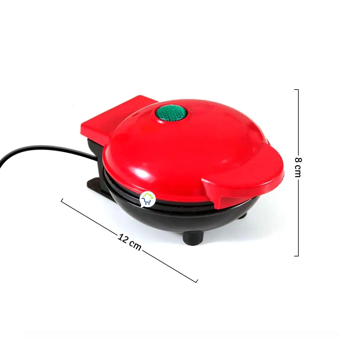 Máquina de mini donas rojas compacta, con botón verde y medidas de 12x8 cm.