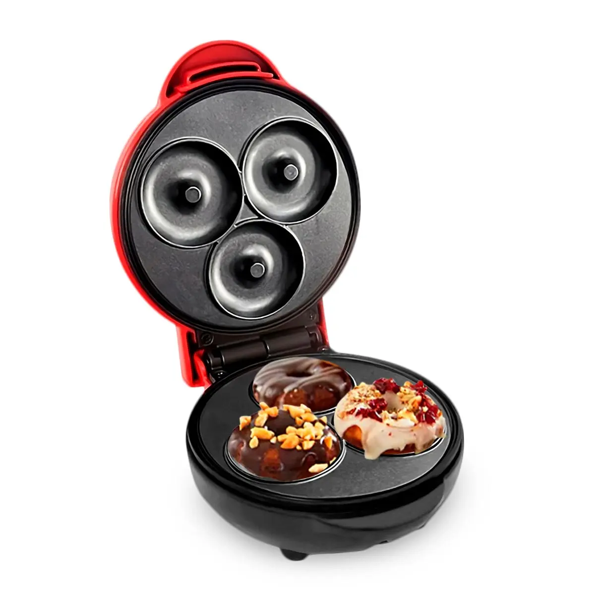 Máquina de mini donas roja con 3 donas decoradas: chocolate con maní y glaseado con frutos secos.