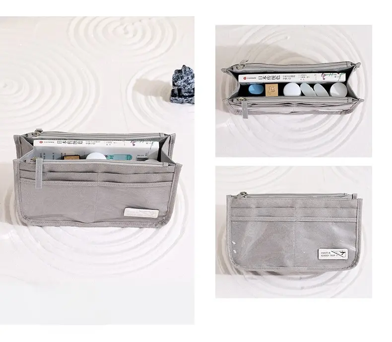Bolso organizador Oasis gris con compartimentos, ideal para viajes y uso diario.