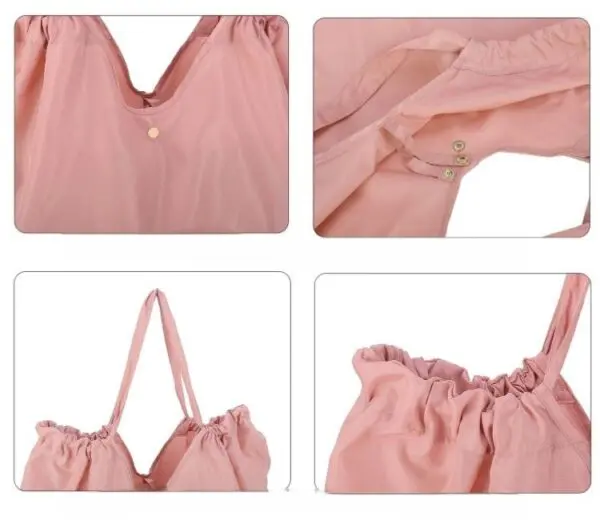 Bolso Origami rosa plegable con cierre de botón y asas fruncidas.