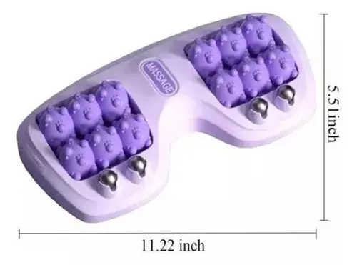 Rodillo de masaje para pies púrpura con 12 rodillos giratorios y detalles en forma de oso.