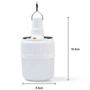 Bombillo LED solar recargable de 24 LEDs con gancho y medidas visibles.