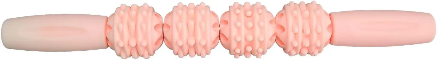 Masajeador de rodillo rosa con texturas y forma ergonómica para aliviar tensión muscular.