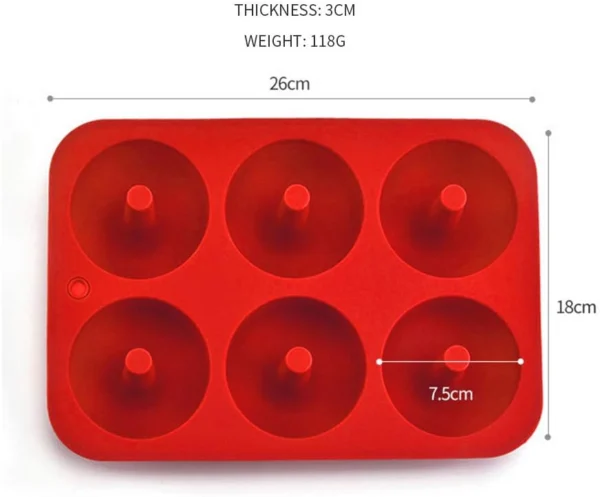 Molde de silicona rojo con 6 cavidades para mini donas, 26x18 cm.
